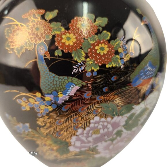 Vintage Black Ceramic Vase With Floral & Peacock Motif Gold Accents Decorative D - Picture 6 of 16